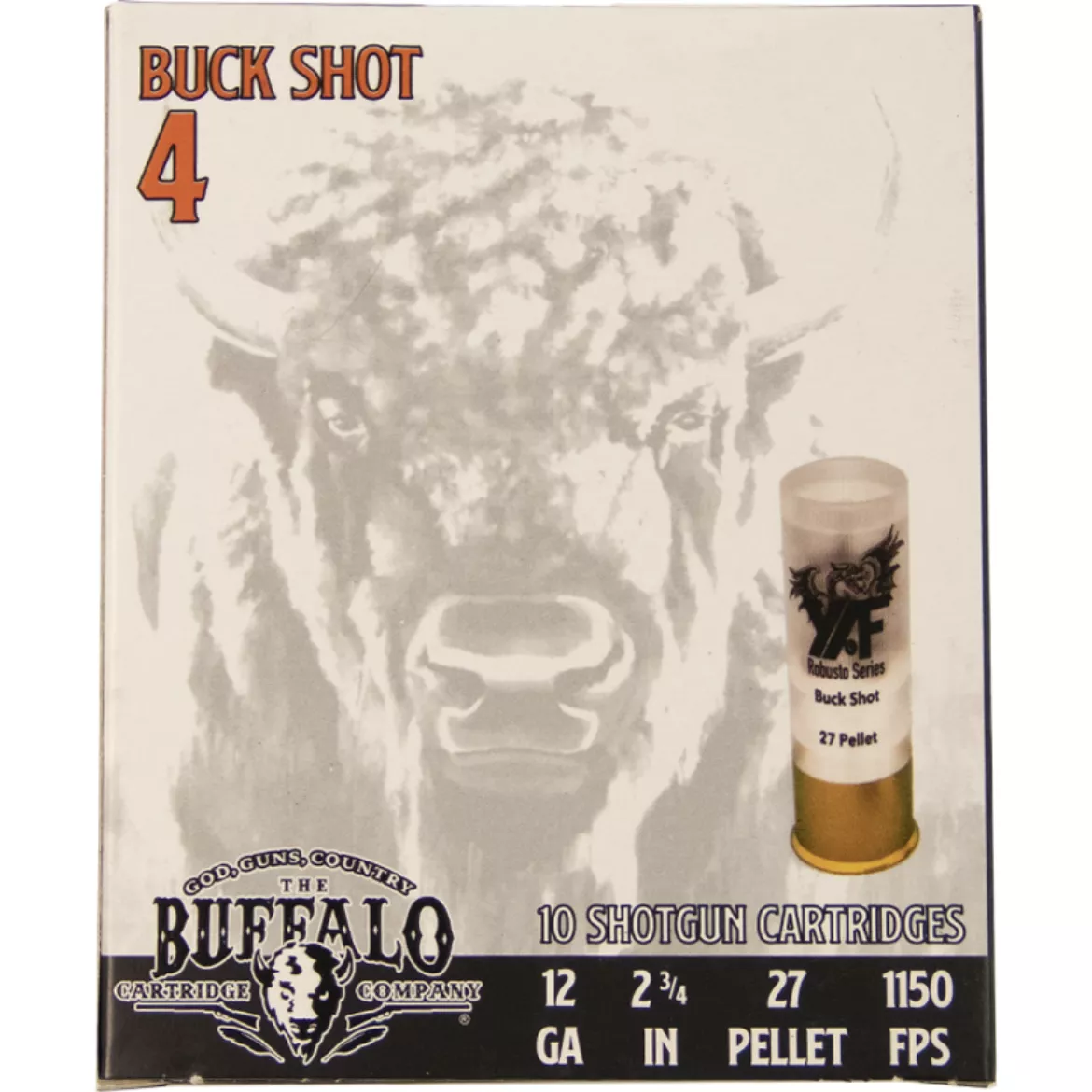12 Gauge Buffalo Cartridge 2 3/4in #4 Buck Shot 27 Pellet - 10 Shotshells