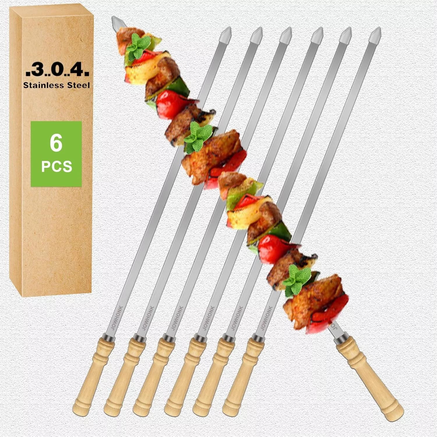 21.5" Long 304 Stainless Steel Skewers for Grilling with Wood Handle,Wide Flat Metal Skewers for Kabobs,Kabob Skewer,BBQ Barbecue Skewer Reusable for Outdoor Grill(6 PCS)