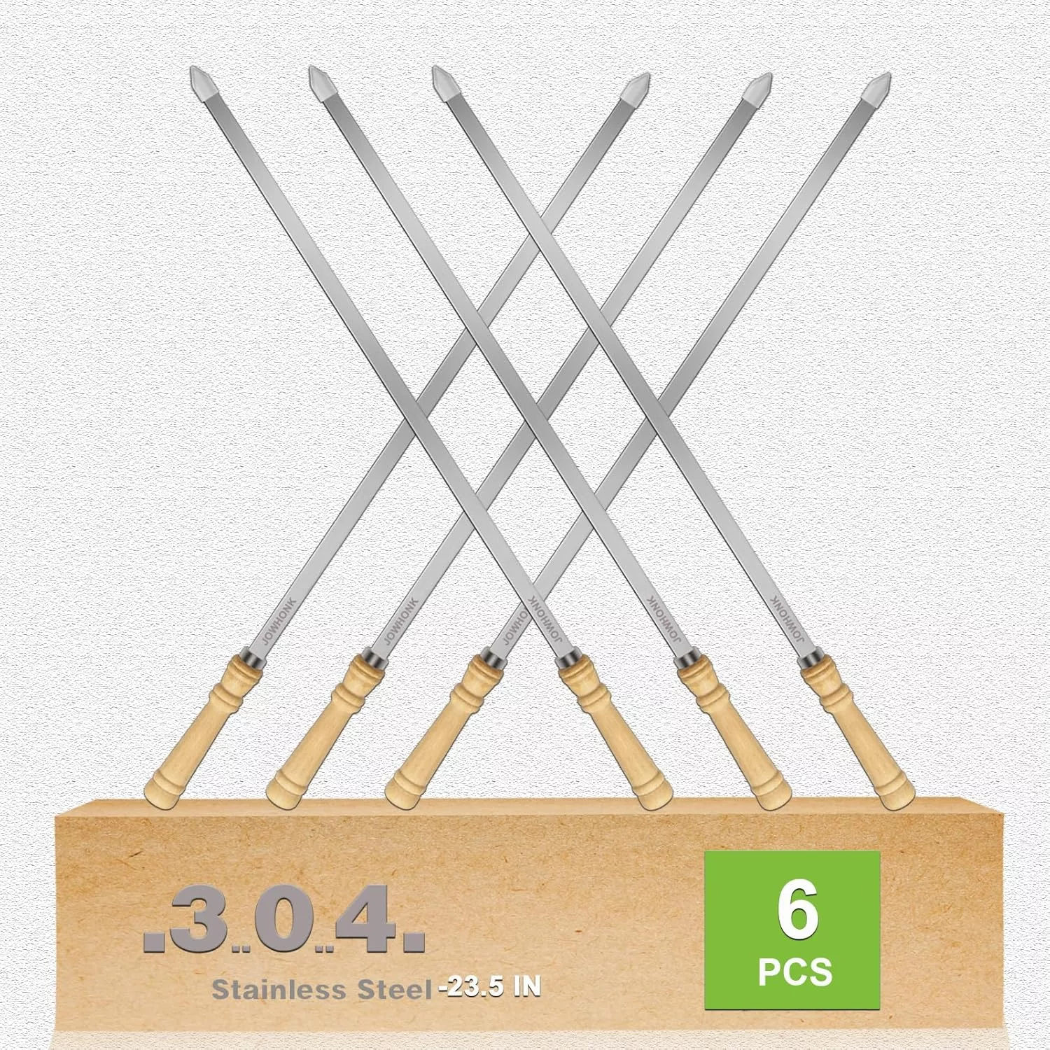 23.5" Long 304 Stainless Steel Skewers for Kabobs with Wood Handle,Heavy Duty Wide Flat Metal Kebab Skewer,Kabob Skewers for Grilling,BBQ Barbecue Skewer Reusable for Outdoor Grill(6 PCS)