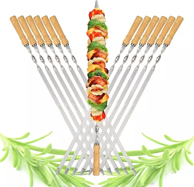 23.6" Large Size Kabob Skewers Flat Metal BBQ Barbecue Skewer Wooden Handle Stainless Steel Shish Kabob Stick Wide Reusable Grilling Set Meat Shrimp Chicken Vegetable Kebab Fork Sausage-12PCS