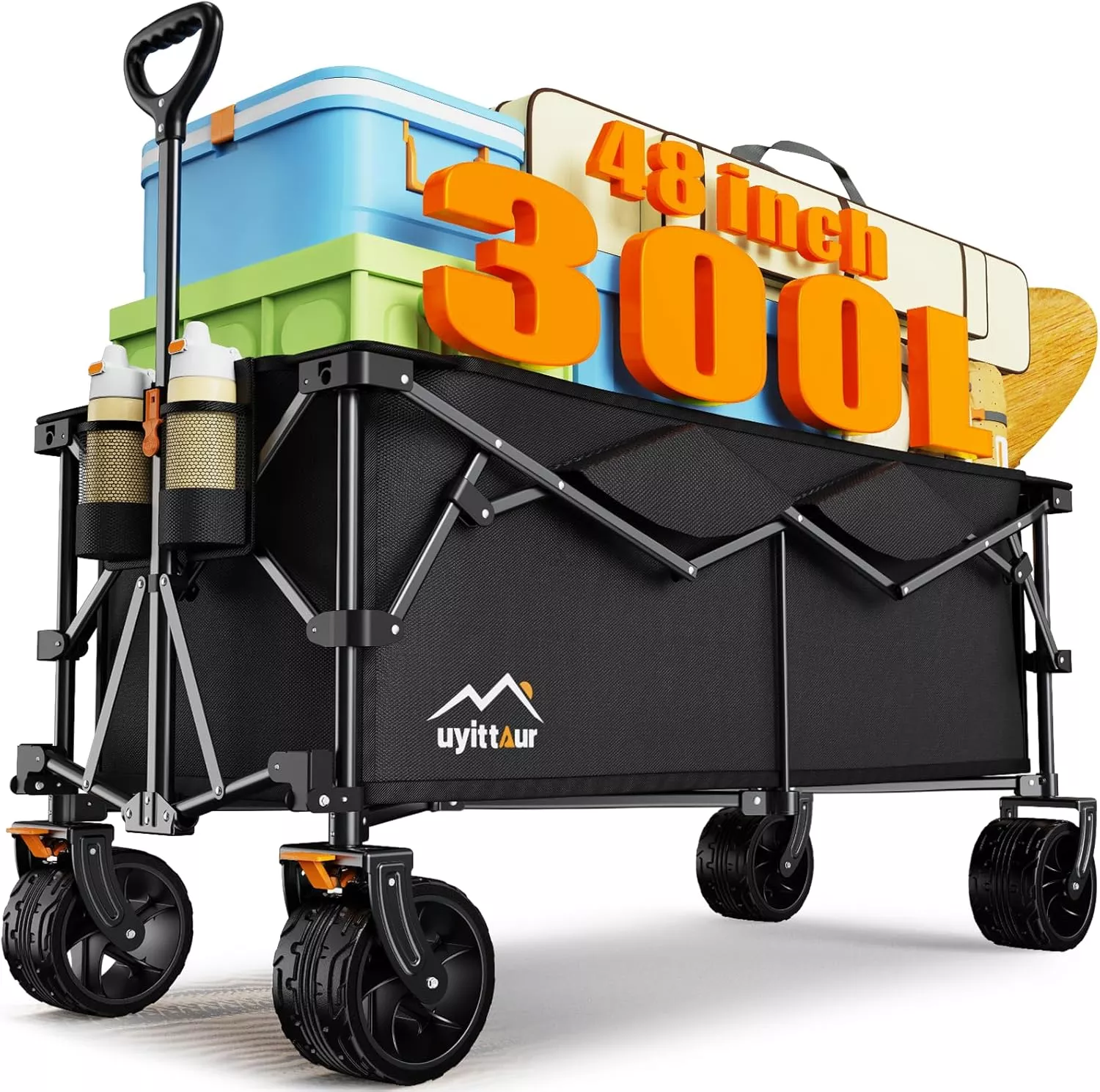 300L Extra Large Collapsible Foldable Wagon, 440lbs Load Capacity 48''L Extended Heavy Duty Folding Beach Wagon with Big All-Terrain Wheels, Utility Garden Cart for Outdoor Activities, Gray