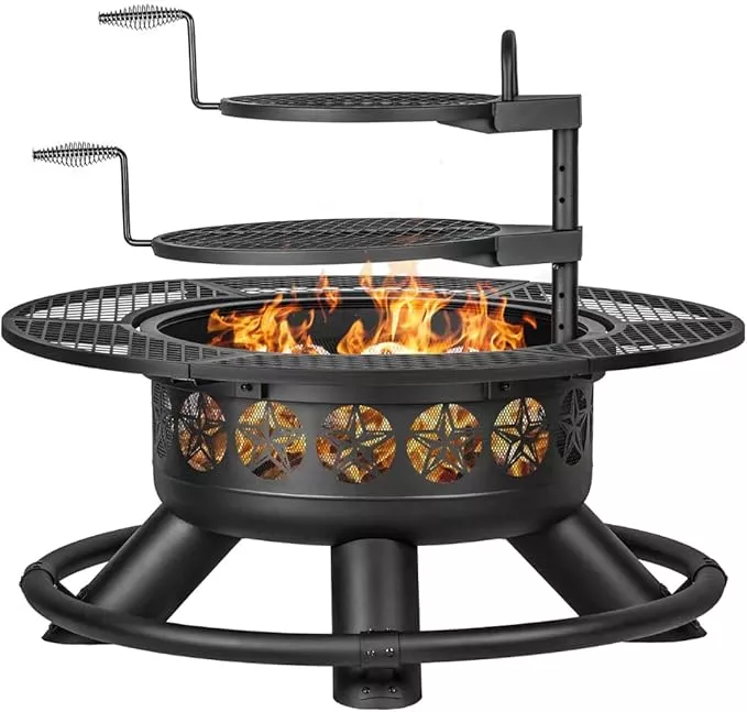 47 Inch Outdoor Fire Pit with 2 Grills, Extra Large BBQ Firepits for Outside, Metal Round Fire pits with Lid&Fire Poker,3 in 1 Wood Burning Outdoor Fireplaces for Backyard,Patio,Bonfire