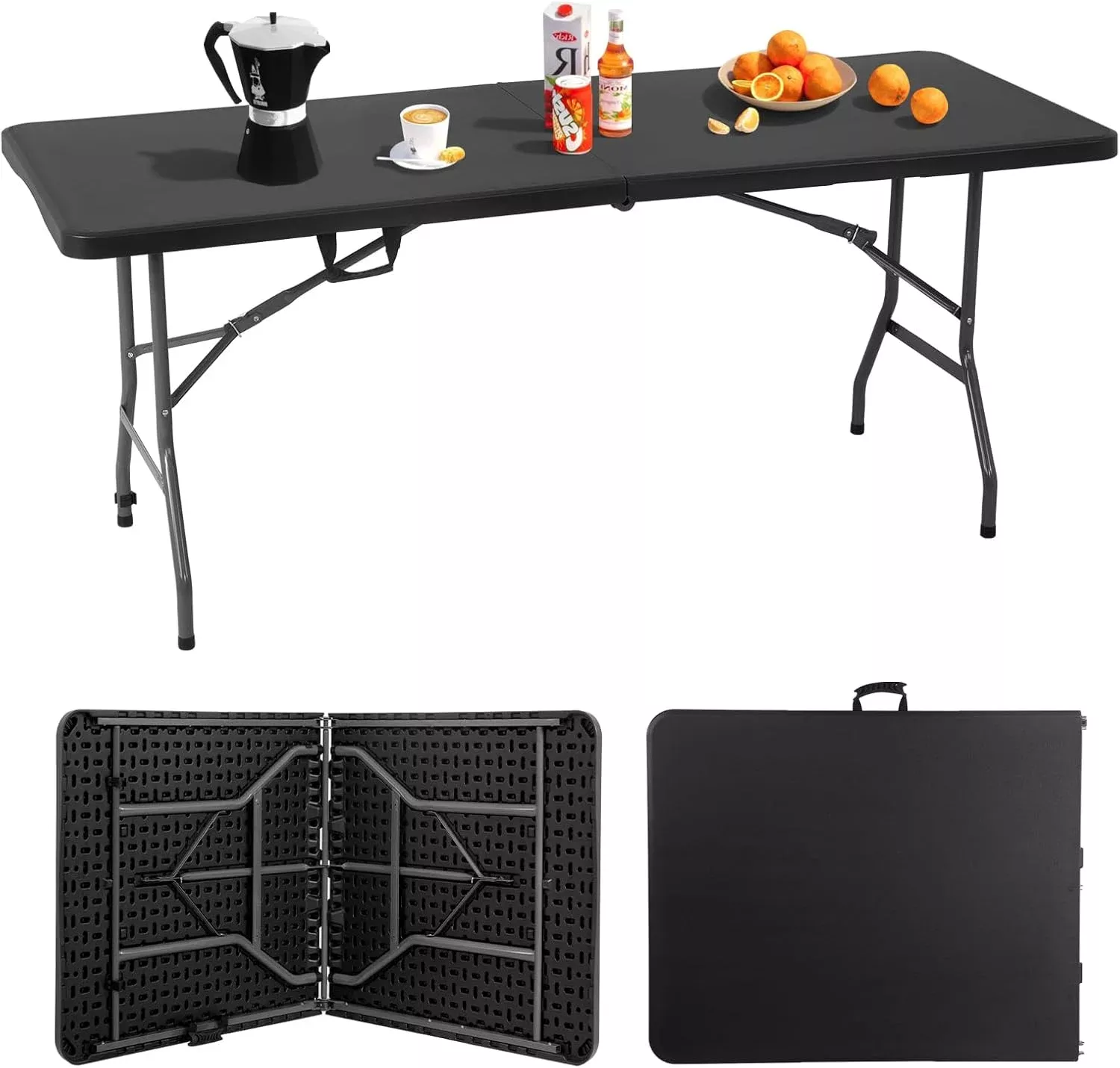 6FT Folding Table, Heavy Duty Plastic Table Portable Fold-in-Half Utility Table Indoor Outdoor Picnic Table w/Handle & Lock for Camping BBQ Party Wedding Market Events, 500LBS