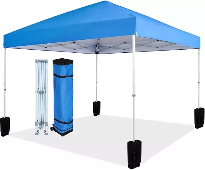 Amazon Basics Outdoor Pop Up 10 x 10 Canopy Tent for Events, Portable with Easy Setup, One-Push, Includes Wheeled Carry Bag, 8 Pegs, 4 Ropes, 4 Weighted Bags, White
