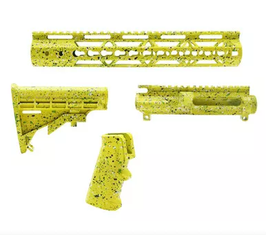 AR-15 Cerakote Splatter Furniture Set - Upper Receiver - 12" Rail - A2 Grip - Stock - Base Color Yellow