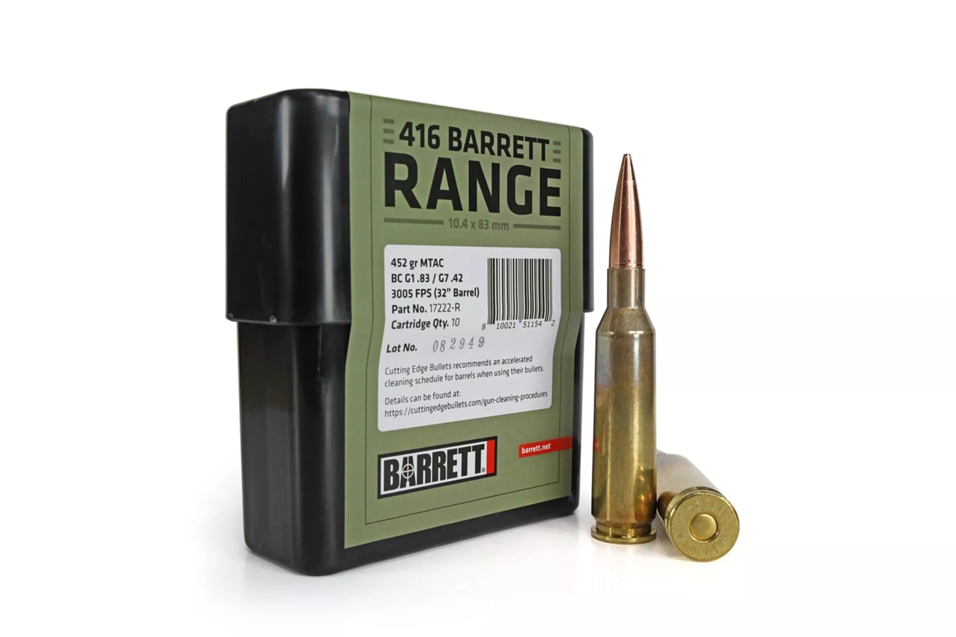 Barrett Ammo 416 Barrett Range Ammo 452 Grain Boat tail Hollow Point Rifle Ammo – 10 Rounds – 17222-R