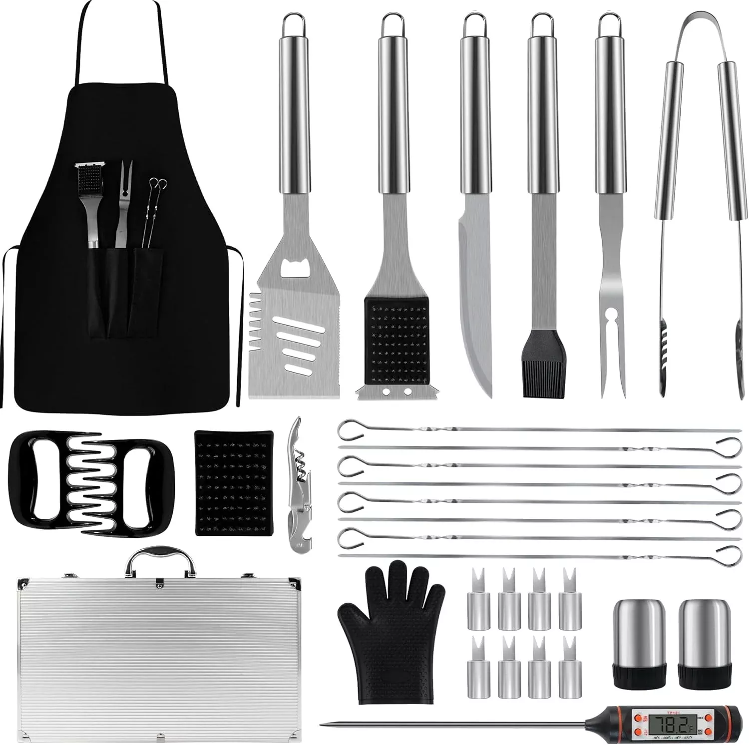 BBQ Accessories Grill Tools - Grilling Gifts for Men Dad, 32Pcs Heavy Duty Stainless Steel Barbecue Grill Accessories for Outdoor Grill with Aluminum Case and Apron, Dad Men Gifts for Christmas