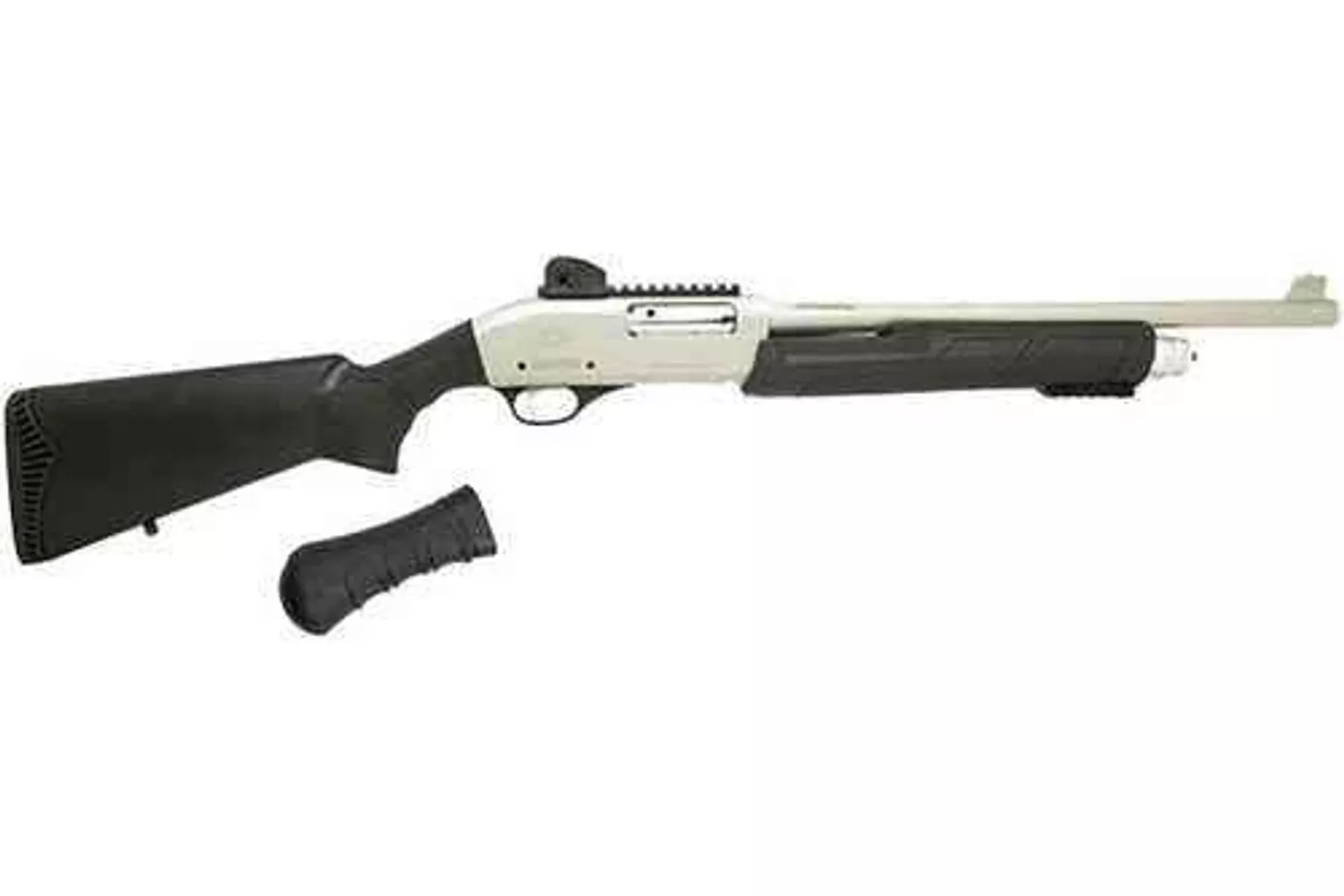 Black Ace Tactical Pro Series X Pump Shotgun 12 ga. 18.5 in. barrel 3 chamber 4 round capacity Two Tone silver finish RH