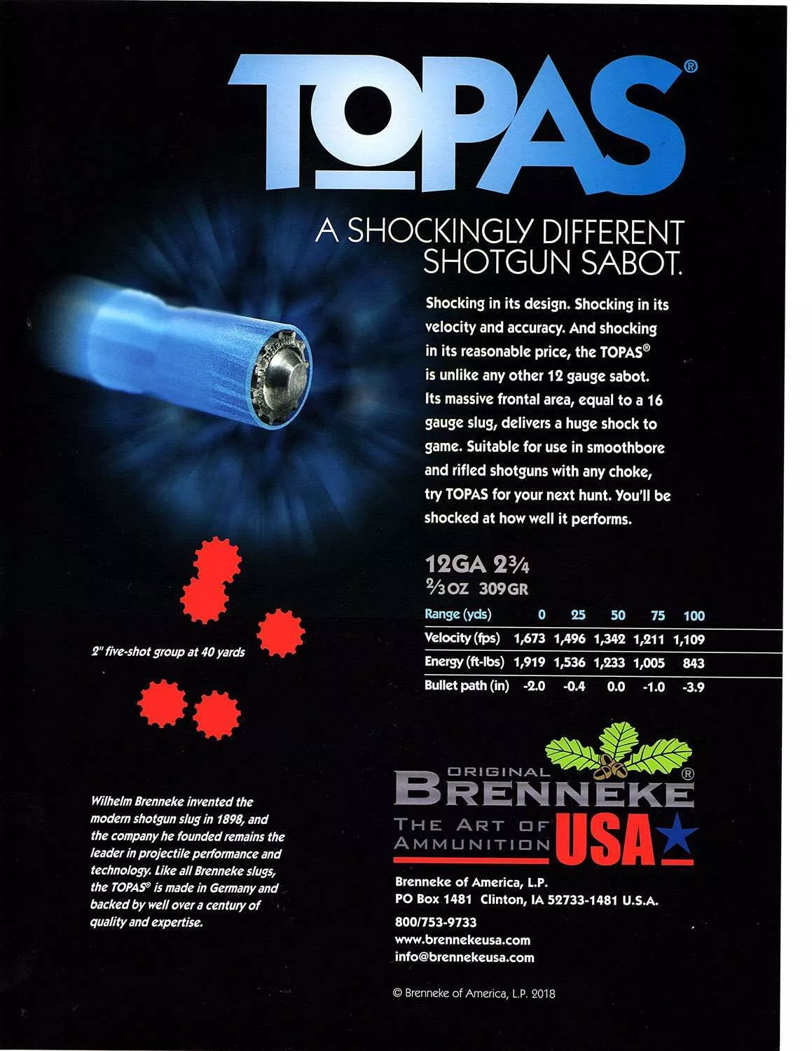 BRENNEKE TOPAS SABOT SLUG AMMO 12GA 2.75 IN 2/3OZ 309 GRAIN 5 ROUND BOX – SALE!
