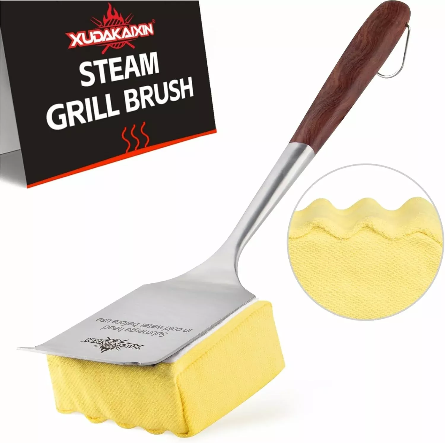 Bristle-Free Steam Grill Brush,with Extended Luxurious Rosewood Handle,Unique Seamless-Fit Scraper Tool,BBQ Replaceable Cleaning Head,Grill Cleaner for Outdoor Grill,Gifts for Men/Dad 