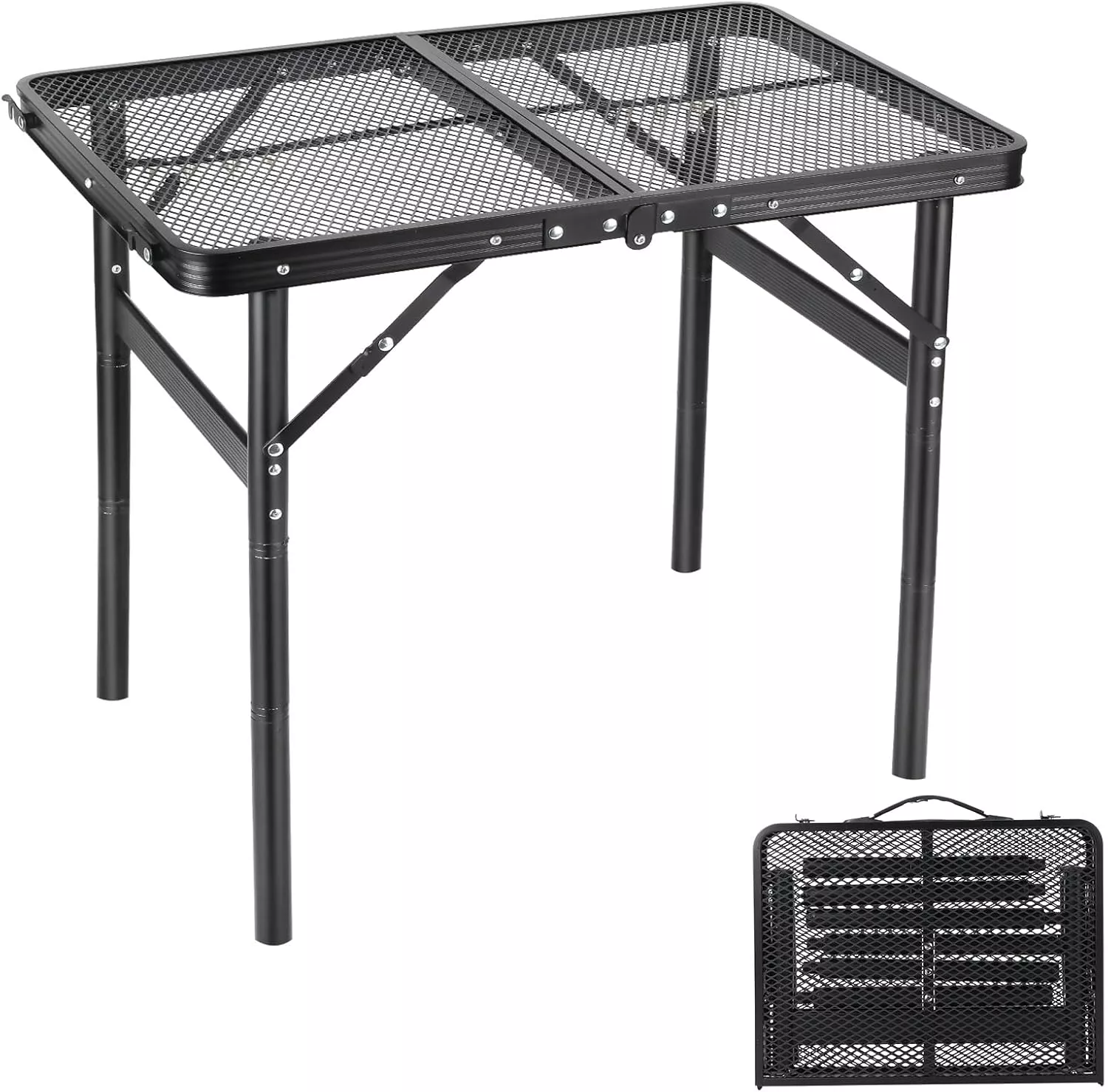 Camping Table Grill 4 Height Adjustable Small Folding 2FT Foldable Picnic Portable Grill Stand Mesh Outdoor Beach BBQ RV Black