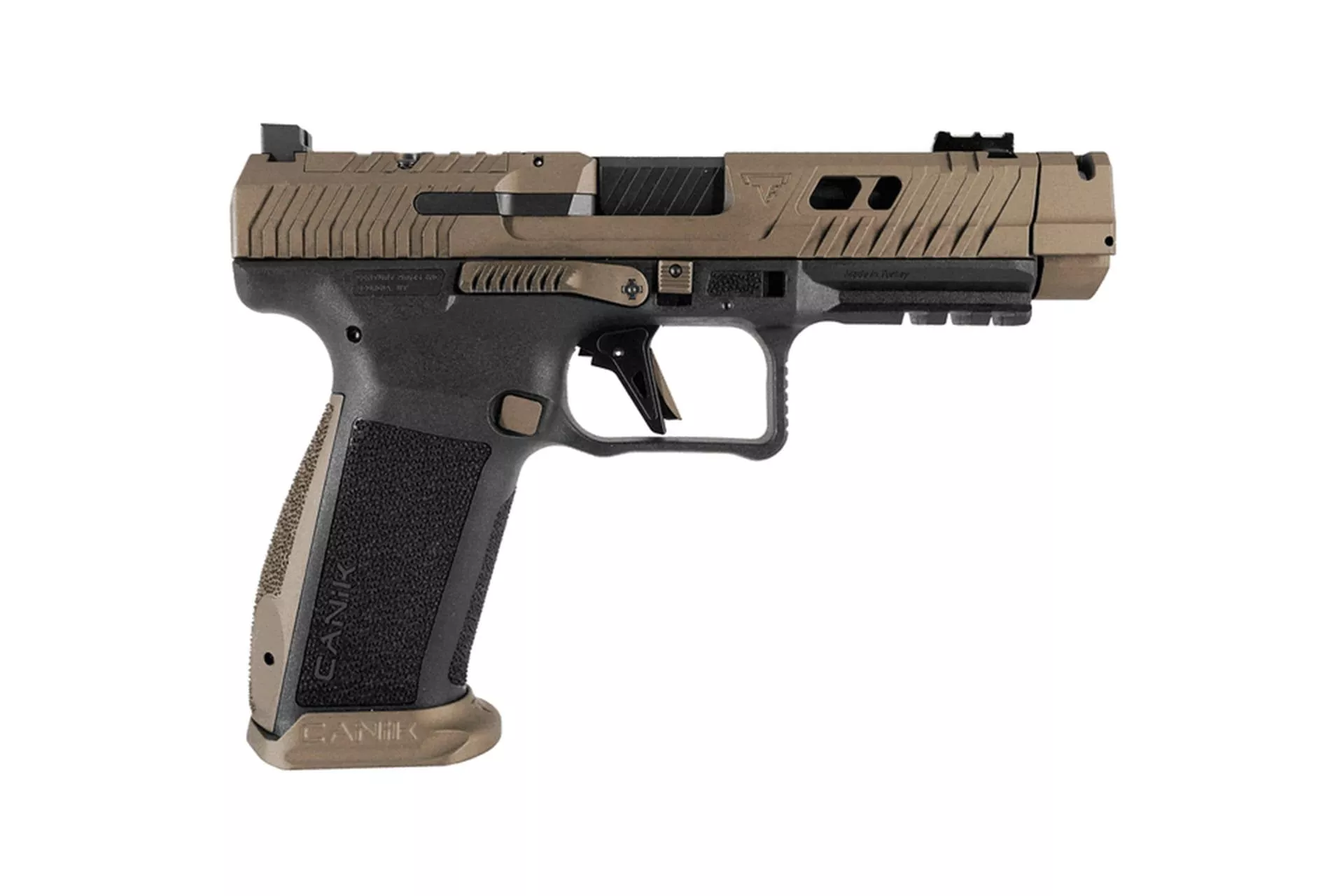Canik TTI Combat 9mm 18+1 4.6″ Fluted/Ported Barrel Burnt Bronze Cerakote Optic Cut/Serrated Slide MaCanik M03 Competition Red Dot – HG7854VN