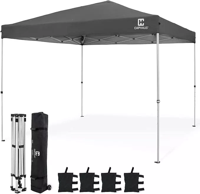CAPHAUS 12ft x 12ft Patented One-Push Pop Up Outdoor Canopy Tent, Heavy-Duty Commercial Grade w/Central Lock, Portable and Instant Folding Shelter with Wheeled Carry Bag and Weight Bag, Blue