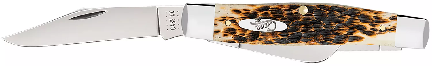 Case 00204 StockmanLarge 3.30"/2.30"/2.20" Folding Clip Point/Pen/Sheepsfoot Plain Mirror Polished Carbon Steel Blade, Peach Seed Jigged Amber Bone Handle
