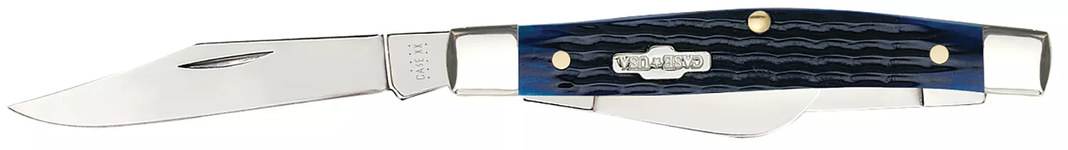 Case 02806 StockmanMedium 2.42"/1.58"/1.57" Folding Clip/Sheepsfoot/Pen Plain Mirror Polished Tru-Sharp SS Blade/Rogers Corn Cob Jigged Blue Bone Handle