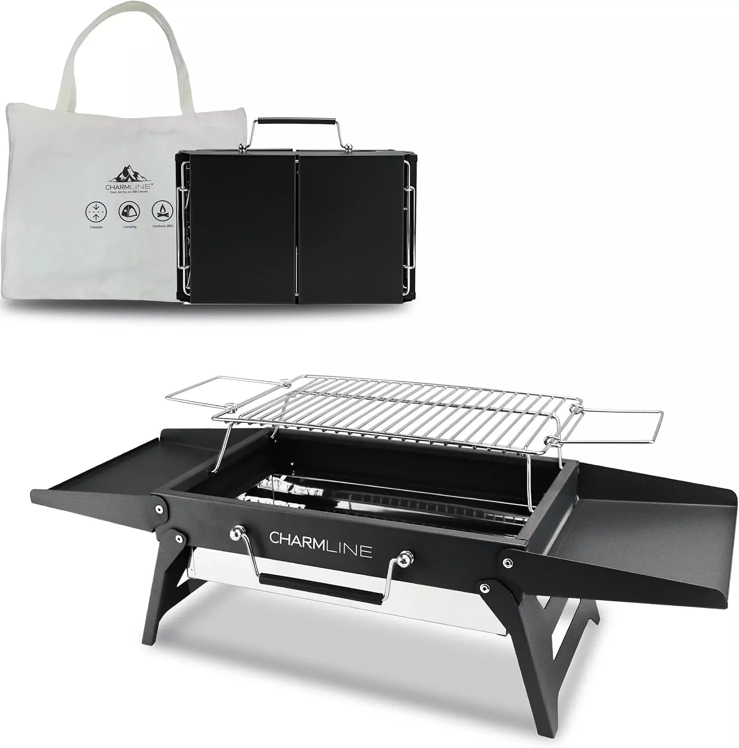 Charmline 14x9inch Foldable Portable Grill Charcoal, Compact Portable Grill for Outdoor Use, Desktop Charcoal Grill, BBQ Grill for Camping, Picnics, Gardens and Beach Parties, Green, Black