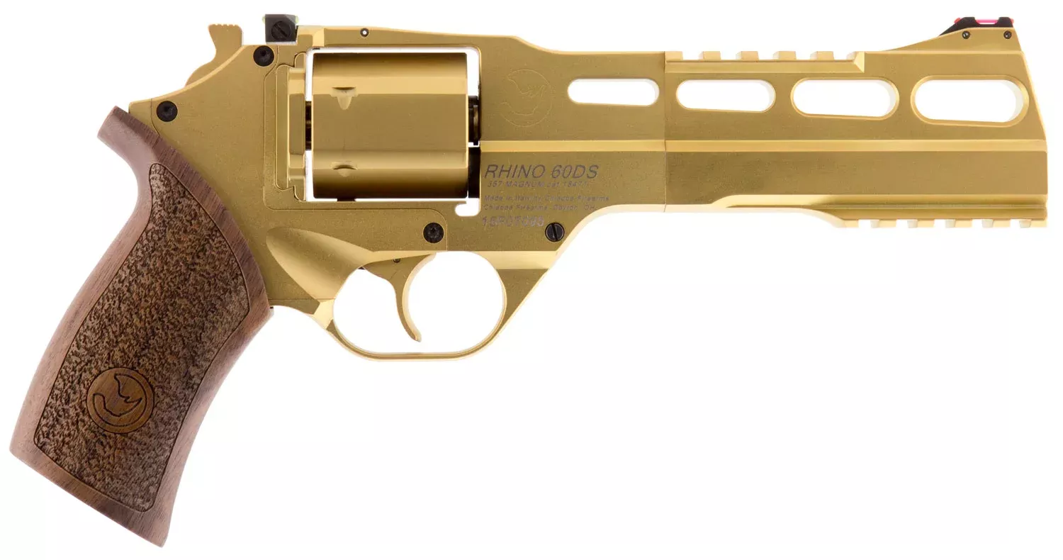 Chiappa Firearms 340225 Rhino 60DS Medium Frame 357 MAG 6 Shot, 6″ Gold Plated PVD Steel Vent Rib Barrel & Cylinder, Gold Plated PVD Aluminum Frame, Walnut Grip, Concealed Hammer