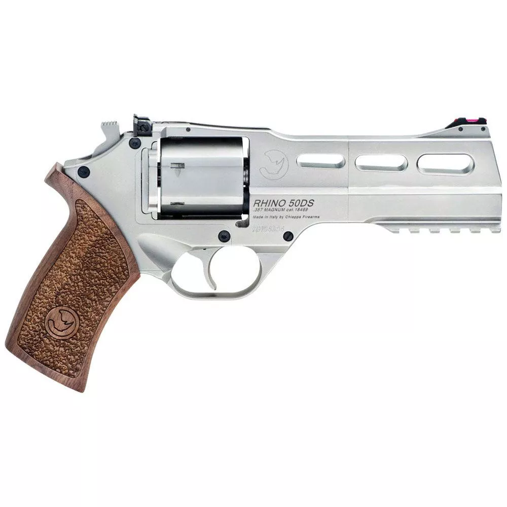 Chiappa Rhino 50DS Handgun .357 Mag 6rd Capacity 5″ Barrel Nickel Plated with Walnut Grips and 3 Moon Clips