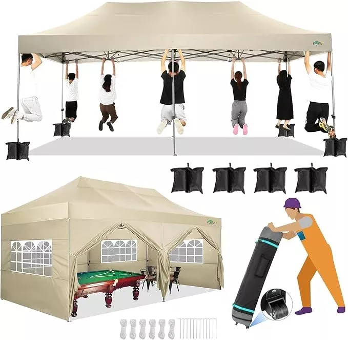 COBIZI 10x20 Canopy with Sidewalls, Heavy Duty Party Tent Pop up carpas para Fiestas, Tents for Parties, Wedding, Outdoor Ez up Foldable Portable Canopy Tent with Wheeled Bag, Grey(Windproof Upgrade)