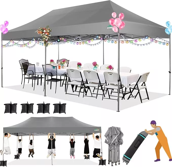 COBIZI 10x20 Heavy Duty Pop up Canopy Tent Easy Up Commercial Outdoor Canopy Wedding Party Tents for Parties All Season Wind & Waterproof Gazebo with Roller Bag,Black(Frame Thickened)