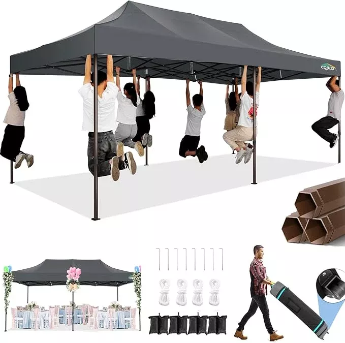 COBIZI 10x20 Pop Up Canopy Heavy Duty Without Sidewalls, Commercial Heavy Duty Pop Up Tent for Parties All Weather Waterproof and UV 50+ Wedding Tent with Roller Bag(Legs Upgraded),Black