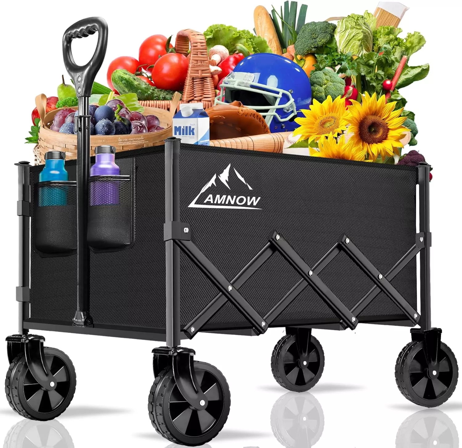 Collapsible Folding Wagon Cart, 350LBS Utility Large Capacity Cart Foldable Wagon with All Terrain Wheels, Grocery Wagons Carts for Garden Shopping Sports Camping, Rose