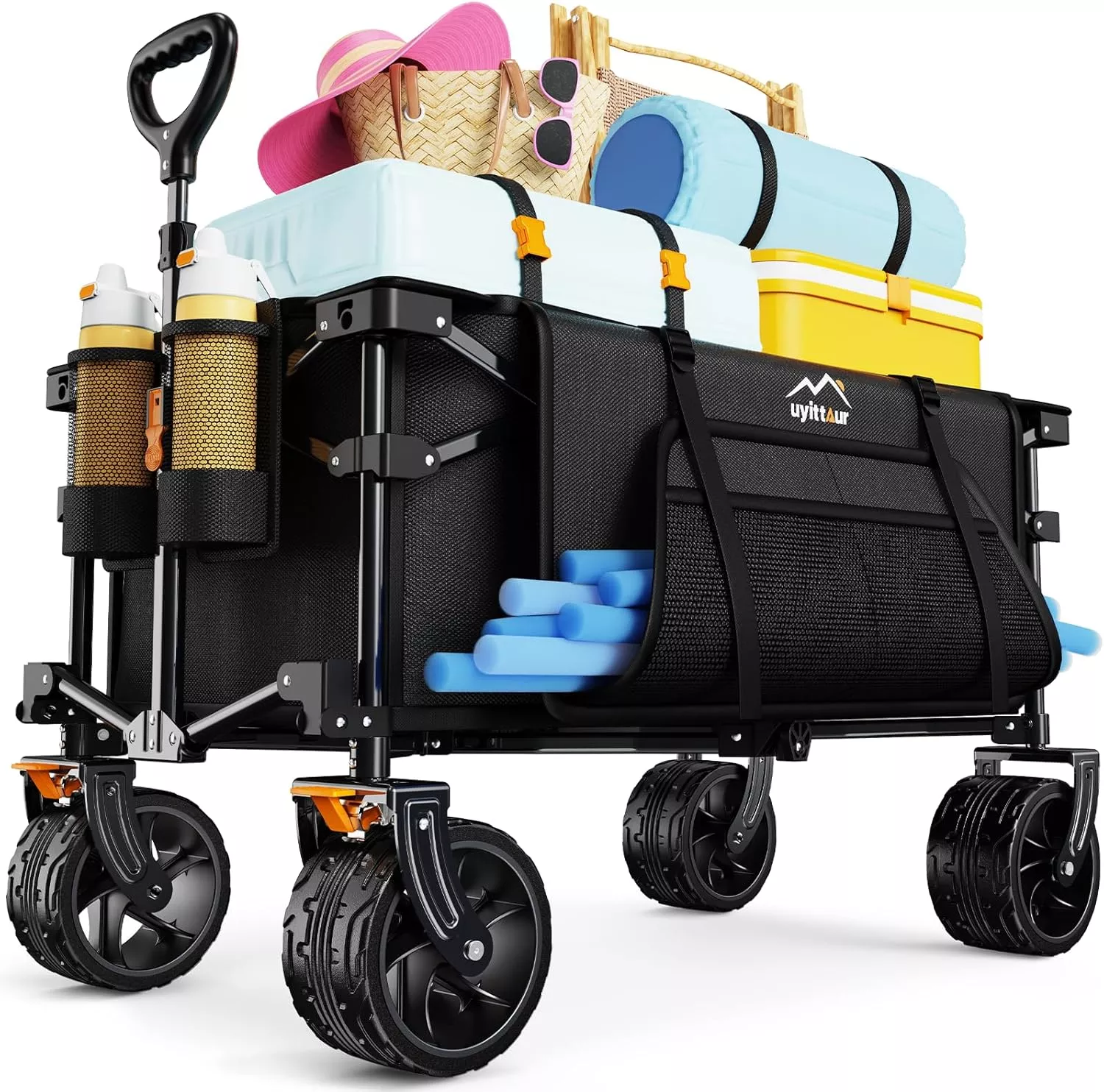 Collapsible Wagon Cart Heavy Duty Foldable, Folding Beach Wagon with Big Wheels for Sand, Utility Grocery Cart with Side Pocket and Brakes for Sports Outdoor Activities, Light Blue