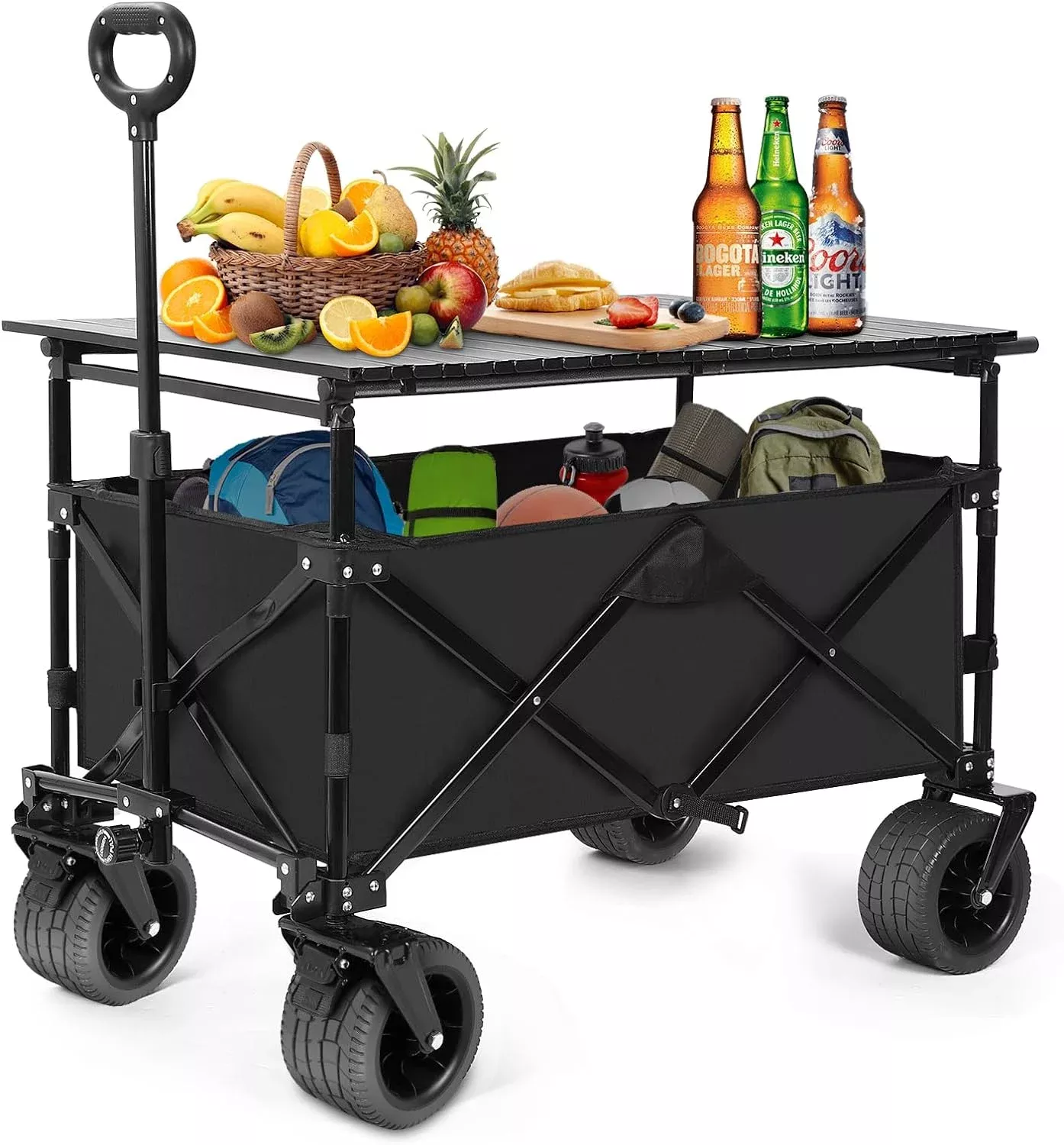 Collapsible Wagon with Table, Large Capacity Foldable Wagons Carts, Beach Wagon with Big Wheels, Heavy Duty Beach Car Utility Wagon for Outdoor Park, Shopping, Sports, Camping, Garden