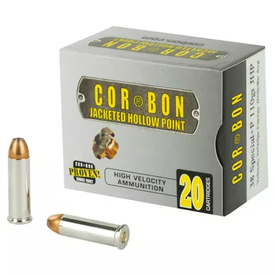 Corbon Ammo Self Defense, 38 Special, 110 Grain, Jacketed Hollow Point, +P, 20 Round Box 38110