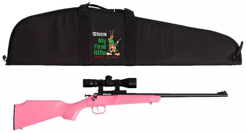 Crickett KSA2220BSC Youth Package 22 LR 1rd 16.12" Blued Barrel & Receiver, Pink Synthetic Stock w/11.5" LOP, Rebounding Firing Pin Safety Includes 4x32 Scope, KSA301 Scope Mount Kit & Soft Rifle Case