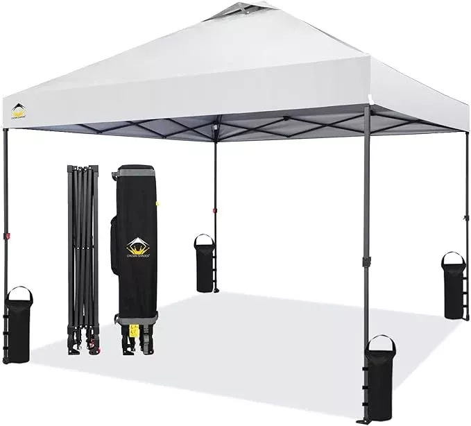 CROWN SHADES 10x10 Pop Up Canopy - Patented Center Lock One Push Instant Outdoor Canopy Beach Tent with STO-N-Go Bag 8 Stakes & 4 Sand Bags,White