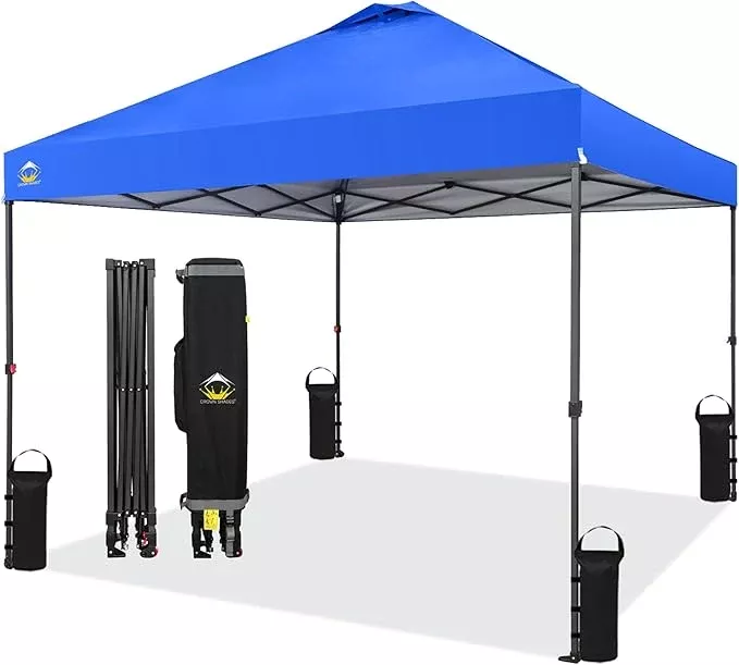 CROWN SHADES 10x10 Pop Up Canopy Tent - Patented Center Lock One Push Instant Outdoor Canopy Beach Tent with STO-N-Go Bag 8 Stakes & 4 Sand Bags,Red