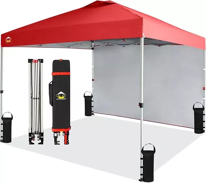 CROWN SHADES 10x10 Pop Up Canopy with 1 Side Wall - Beach Tent with One Push Setup - Outdoor Sun Shade for Events, Parties, Camping - Gazebo with STO-N-Go Cover Bag (Yellow)