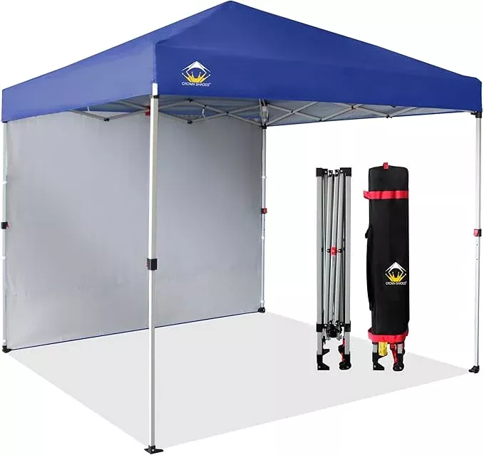 CROWN SHADES 8x8 Pop Up Canopy with 1 Side Wall - Beach Tent with One Push Setup - Outdoor Sun Shade for Events, Parties, Camping - Gazebo with STO-N-Go Cover Bag (White)