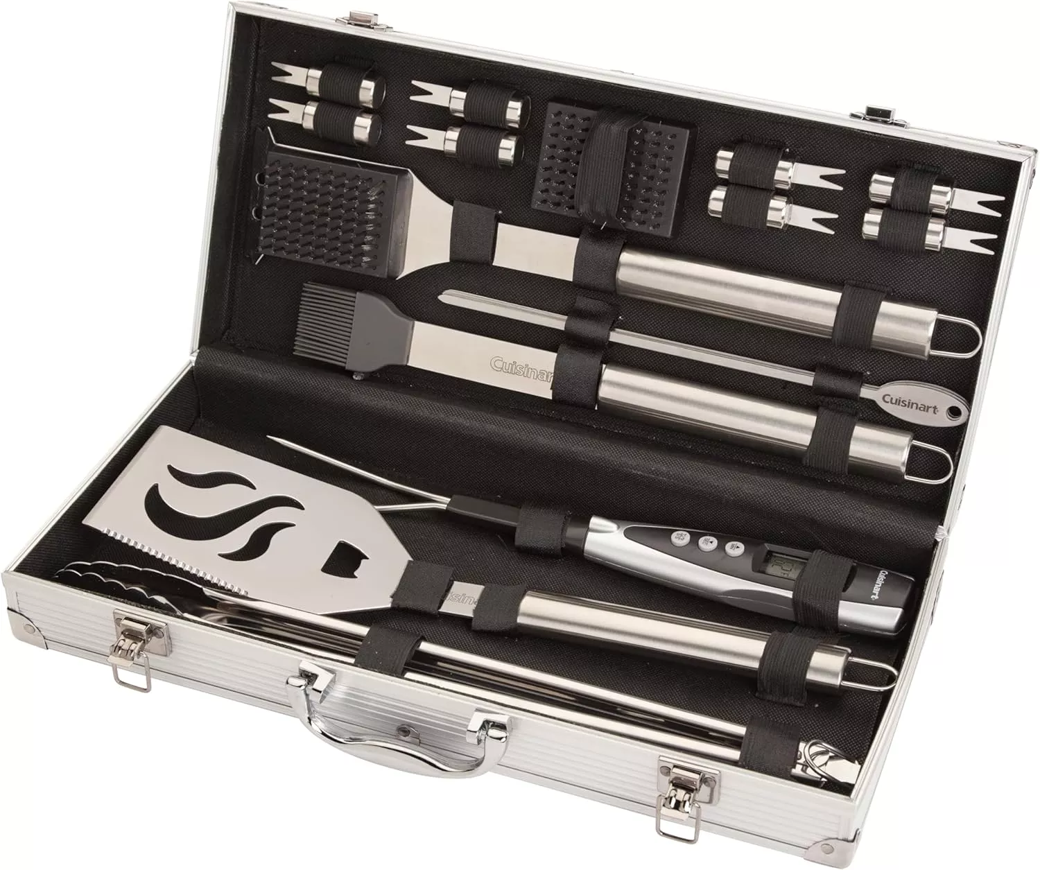 Cuisinart Deluxe Grill Tool Set, 20-Piece Grill Tools BBQ Accessories with Aluminum Case & Digital Temperature Fork, Spatula, Tongs, Stainless Steel Grilling Accessories, Grilling Set for BBQ