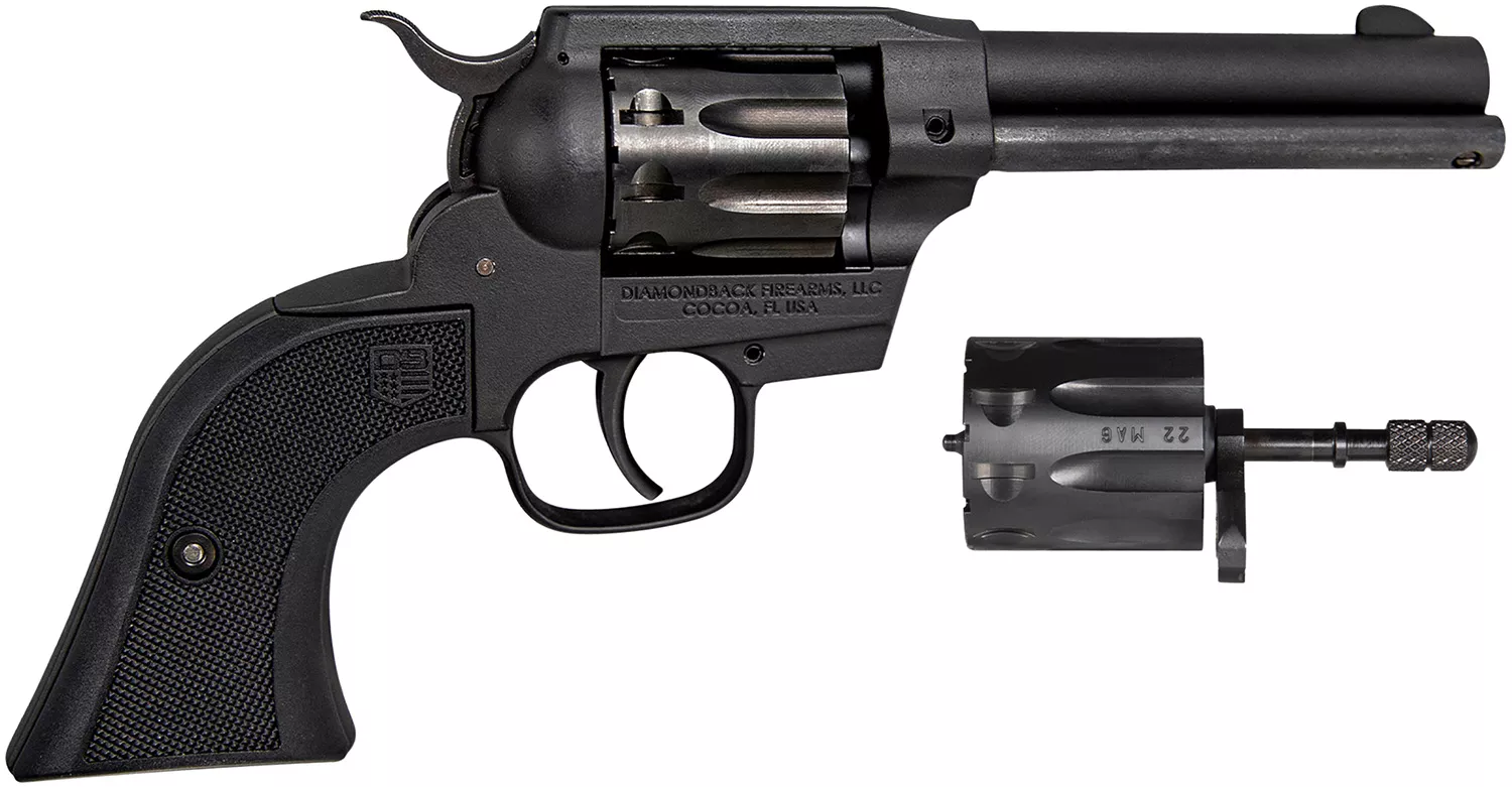 Diamondback DB0500A001 Sidekick22 LR/22 WMR 9 Shot, 4.50" Black Cerakote Steel Barrel & Cylinder, Black Cerakote Zinc Alloy Frame Black Checkered Grips, Hammer Safety, Exposed Hammer