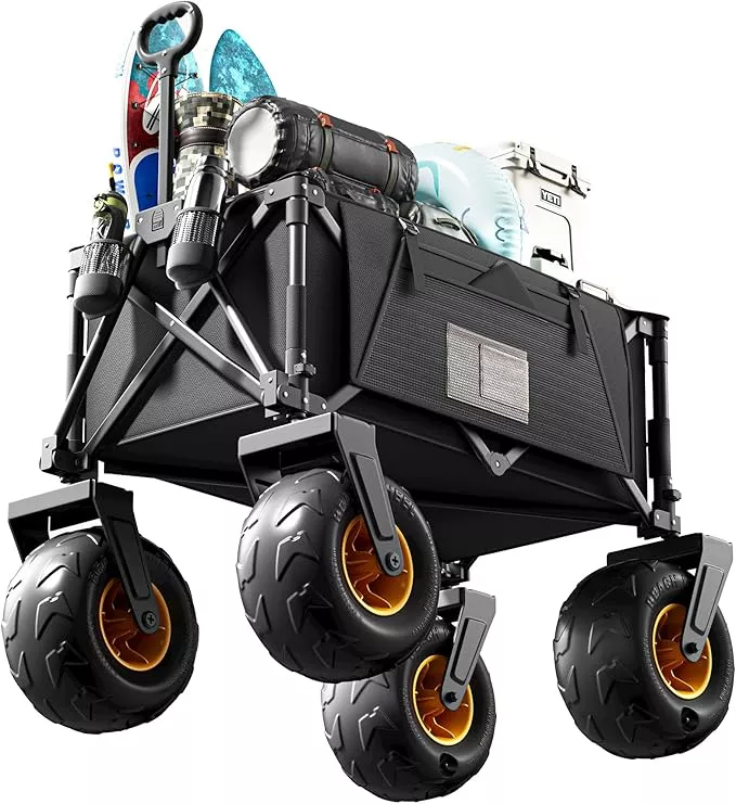 DXZ Beach Wagon Cart with Big Wheels for Sand – Folding Collapsible Wagon, Heavy Duty Wagons Carts Foldable for Beach, Camping, Outdoor Gear, Easy Setup Black Grey