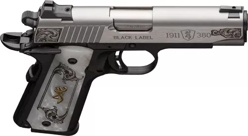 Engraved 1911-380 ACP Pistol with 4.25" Barrel and White Pearl Grips