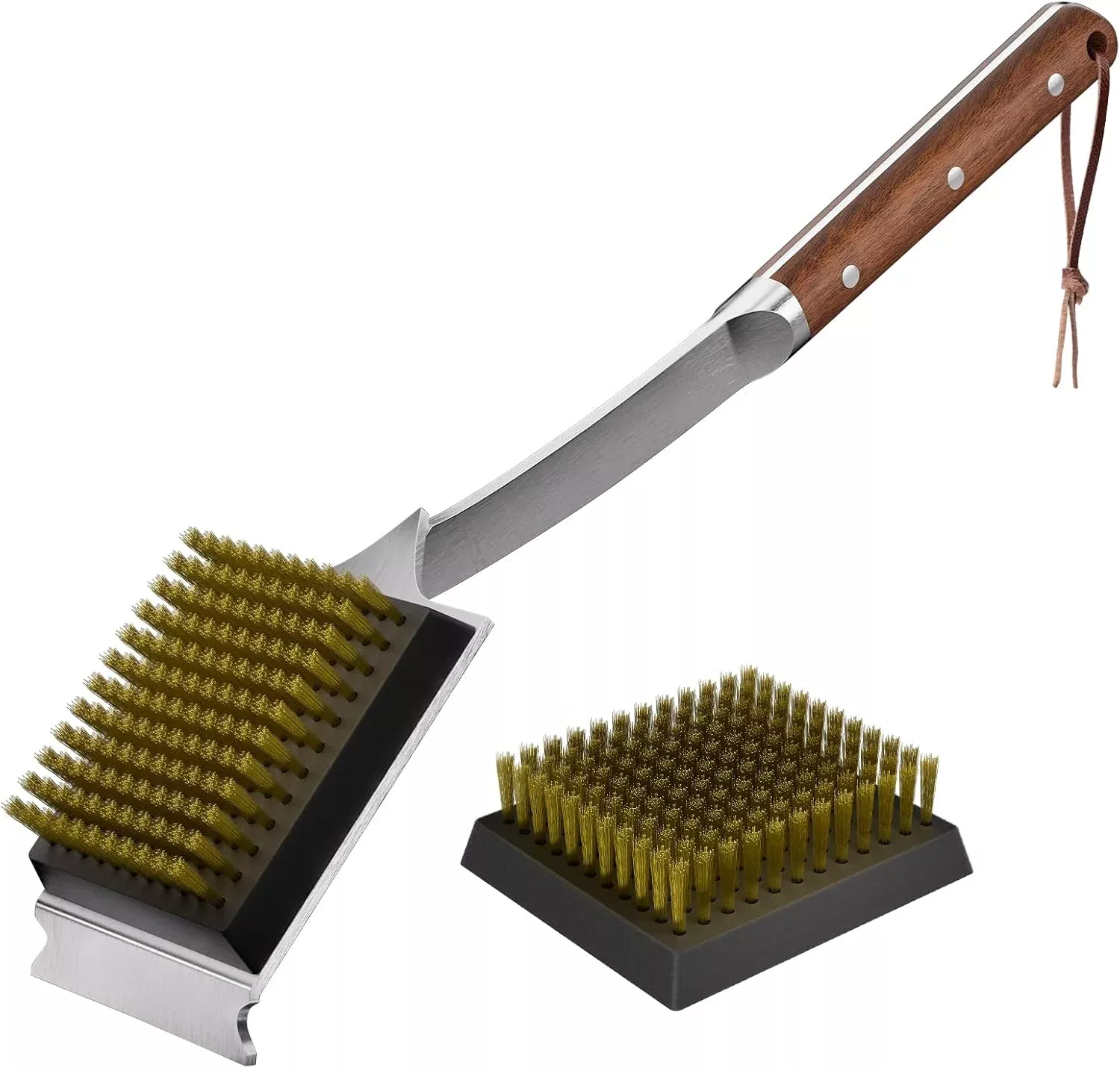 ENLOY Grill Brush and Scraper for Barbecue, 17" Grill Brush for Outdoor Grill, Extended Rosewood Handle and 2 Replaceable Copper Wire Brush Heads, Grill Cleaning Brush Grill Accessories for Most Grill