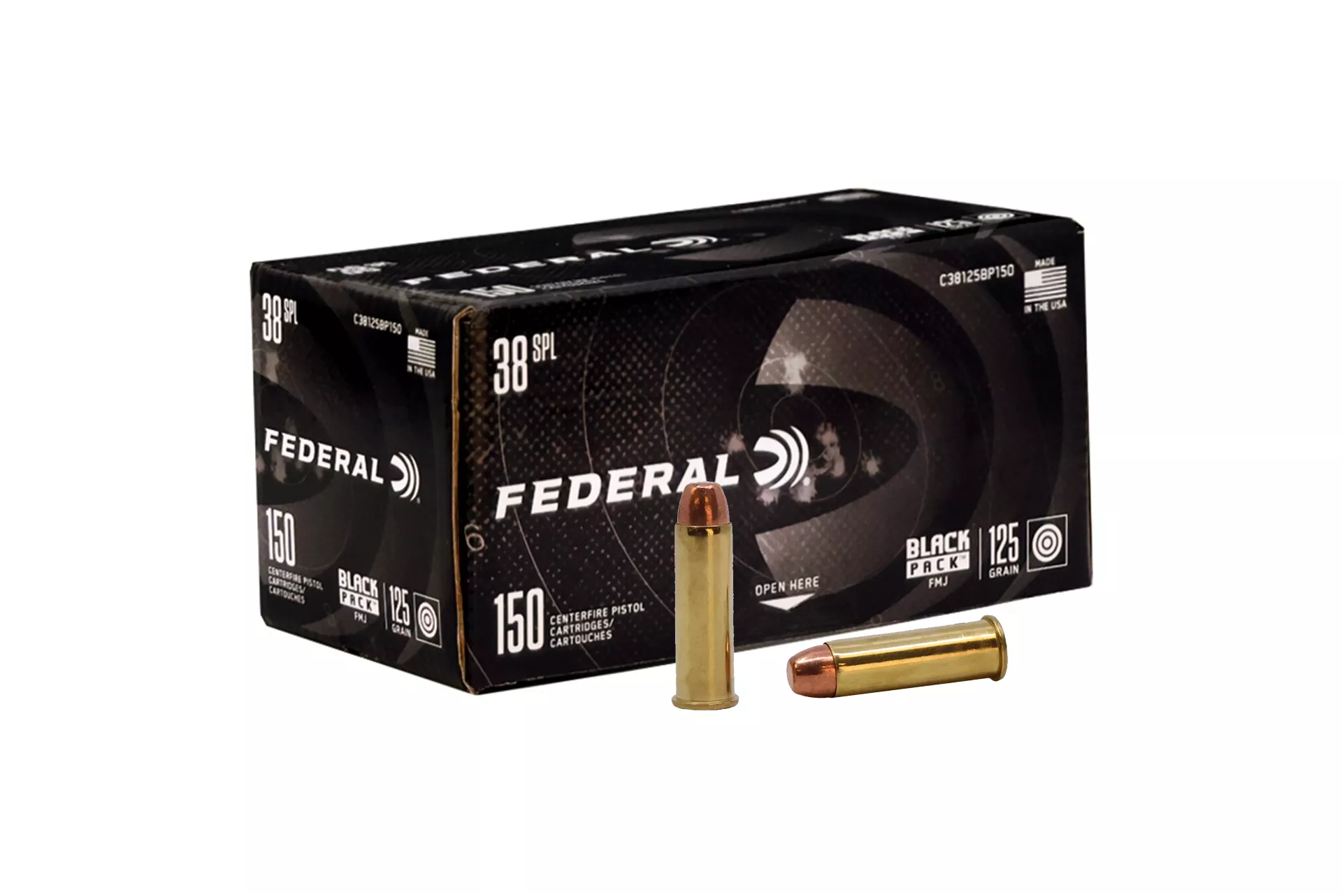 Federal Black Pack 38 Special 125 Grain Full Metal Jacket Handgun Ammo – 150 round box – C38125BP150