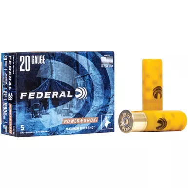 Federal PowerShok, 20 Gauge, 2.75", 3 Buck, Max Dram, Buckshot, 20 Pellets, 5 Round Box F2033B