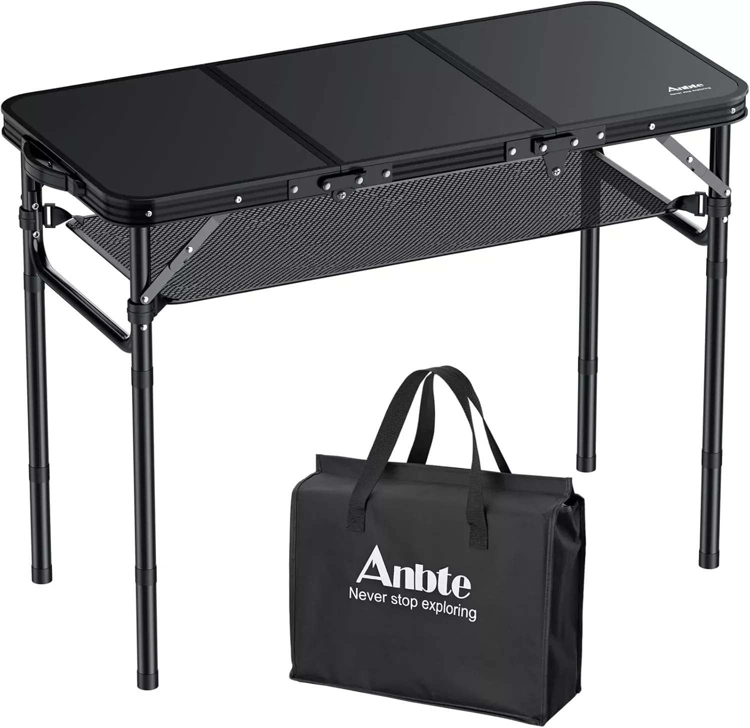 Folding Camping Table with Storage Net, 3ft Camping Table Aluminum Folding Table with 3 Adjustable Height Max 27.1 Inch Picnic Table Portable Table for Outdoor Backyard BBQ, Black