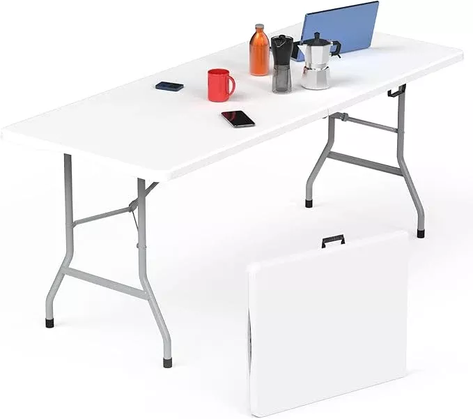 Folding Table 6ft, Foldable Portable Heavy Duty Plastic Fold-in-Half Utility Table with Handle & Safety Locks, Picnic Table Indoor Outdoor for Camping, Picnic and Party