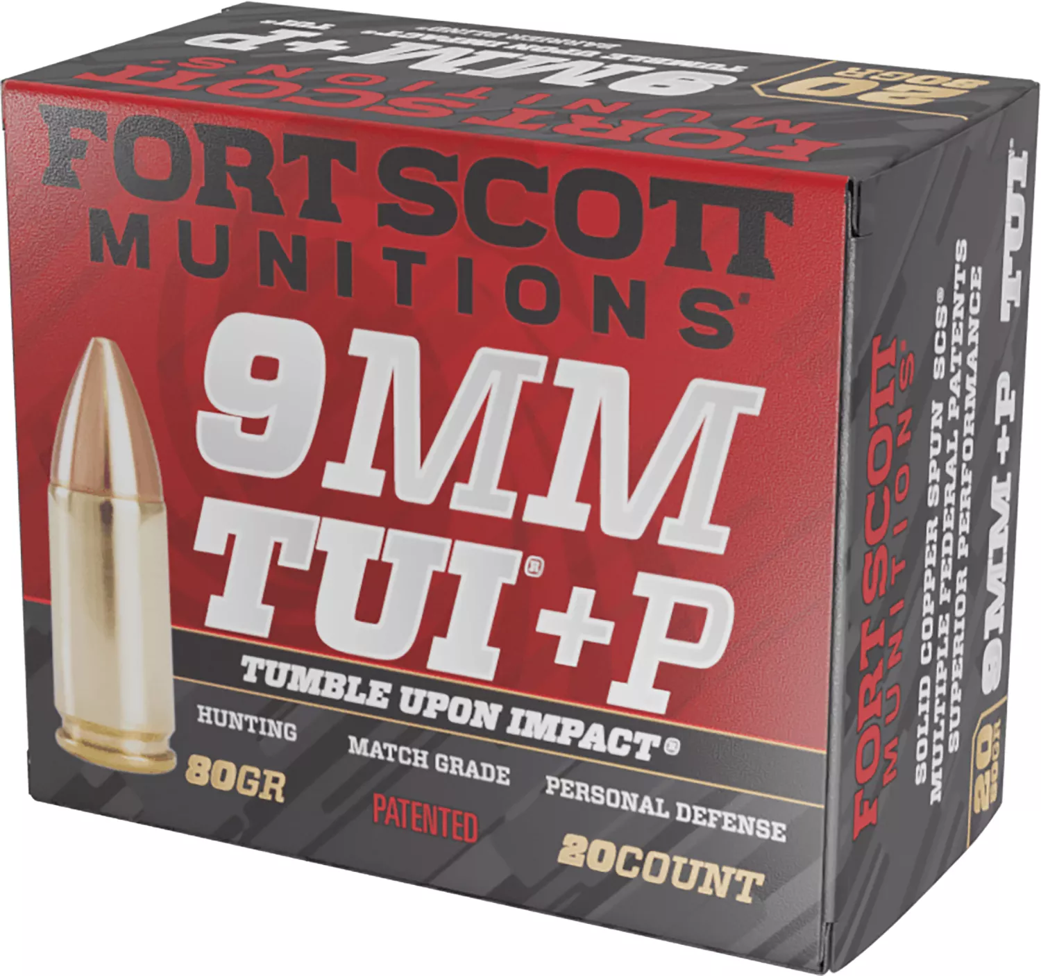 Fort Scott Munitions 9MM+P-080-SCV Tumble Upon Impact (TUI)9mm+P 80gr Solid Copper Spun 20 Per Box/25 Case