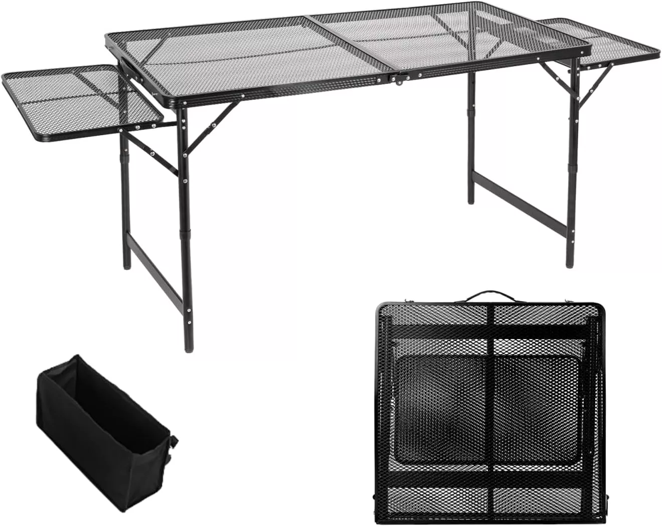 Grill Table Folding Table with 2 Wing Panels 4FT+1.77 FT with with 1×2/5 L Storage Bag Mesh Desktop 3 Height Adjustable Portable Grill for Outdoor Indoor Beach BBQ Picnic Travel RV Black