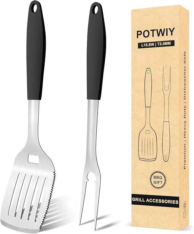 Grill Tools BBQ Accessories Set of 2, 15.8'' Heavy Duty Stainless Steel Grill Utensils with Grill Spatula and Fork, Full Tang Silicone Handle, Outdoor Grilling Tools Barbecue Accessories