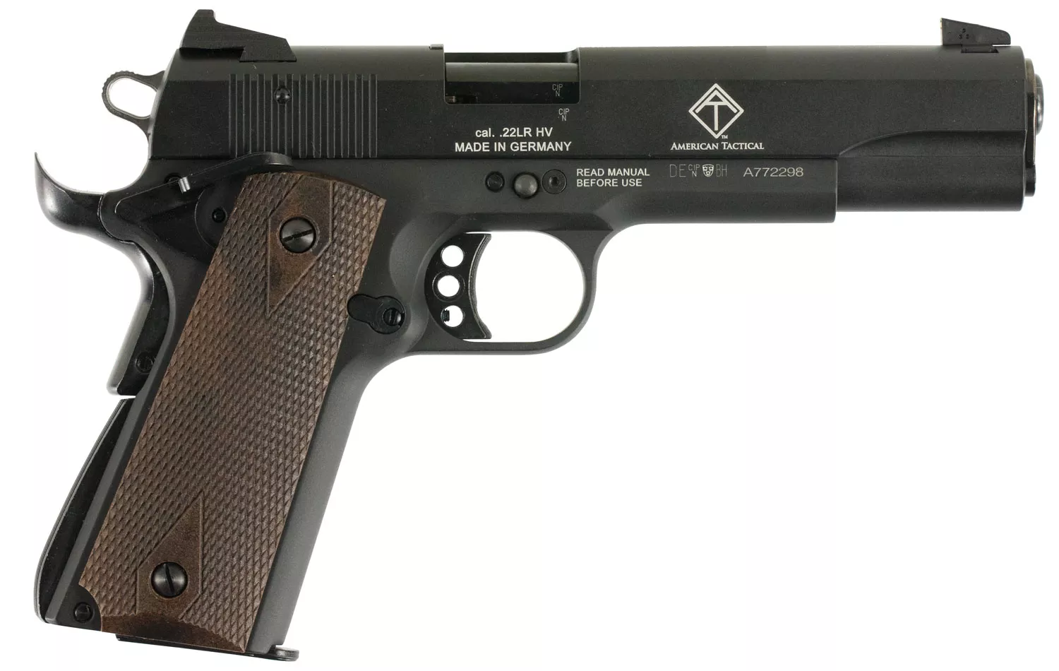 GSG GSG2210M1911 191122 LR 10+1 5" Threaded Barrel, Black Anodized Serrated Slide & Zinc Alloy w/Beavertail Frame, Double Diamond Walnut Grip