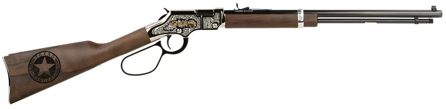 Henry H004TR Golden Boy Texas Rangers Bicentennial Tribute Edition 22 Short, 22 Long or 22 LR, 16 LR/21 Short Capacity, 20″ Blued Octagon Barrel, Engraved Nickel-Plated Rec & American Walnut Stock, Ad