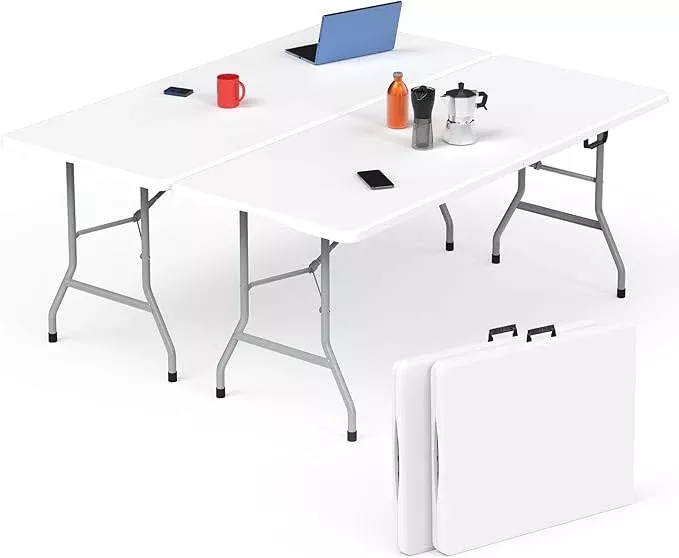 HLPB Folding Table Picnic Table 2 Pcs, 6 ft Portable Camping Table with Handle and Safety Locks, Foldable Table Plastic Dining Table Indoor Outdoor for Camping, Picnic and Party
