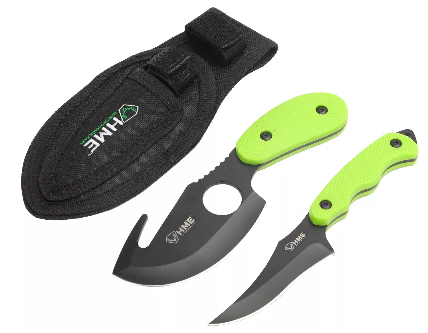HME HMEKN2PSGC Skinning Kit3.50" Fixed Skinner w/Gut Hook/Caping Plain/Gut Hook Black Oxide 420HC Blade, TPR Green Handle